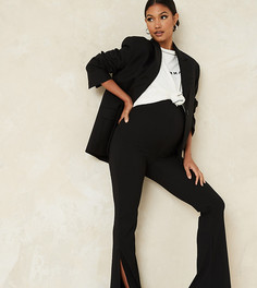 Черные расклешенные брюки в рубчик с разрезом Missguided Maternity-Черный цвет