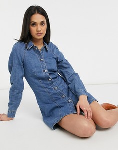 Винтажное выбеленное джинсовое платье с присборенными плечами Lost Ink-Голубой