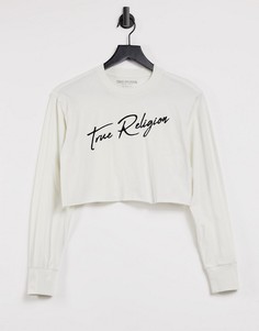 Серый лонгслив с круглым вырезом и подписью True Religion