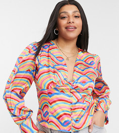 Блузка с пуговицами и радужным плиточным принтом от комплекта Never Fully Dressed Plus-Многоцветный