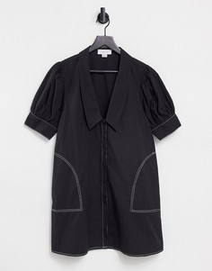 Платье мини с воротником, V-образным вырезом и контрастной строчкой Lost Ink-Черный цвет
