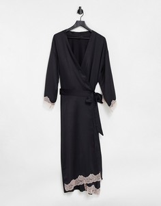 Черное атласное кимоно макси с кружевной отделкой Ann Summers Selena-Черный цвет