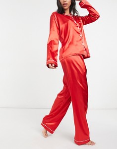 Атласный пижамный комплект красного цвета из рубашки и брюк Night-Красный