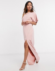 Платье макси на одно плечо розового цвета с вырезом и разрезом сбоку Vesper-Розовый цвет
