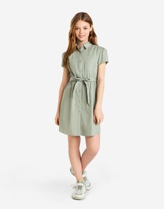 Оливковое платье-рубашка с поясом для девочки Gloria Jeans