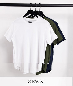 Набор из 3 удлиненных футболок белого, черного цвета и цвета хаки с асимметричным краем Jack & Jones Originals-Многоцветный