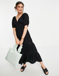 Черное платье макси с присборенной талией и вставками с вышивкой ришелье ASOS DESIGN Curve-Черный
