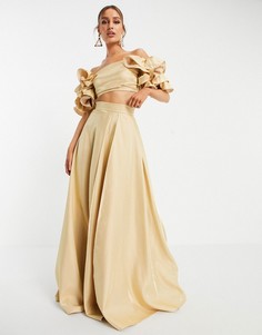 Пышная плиссированная юбка макси цвета золотистого шампанского от комплекта Yaura-Золотистый
