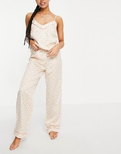 Атласный пижамный комплект кремового цвета из майки и штанов с цветочным принтом Loungeable-Светло-бежевый