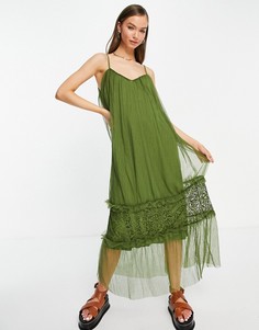 Платье макси цвета хаки на бретельках с ярусной юбкой из тюля Vila-Зеленый цвет
