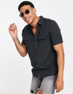 Черная льняная рубашка в утилитарном стиле с короткими рукавами River Island-Черный цвет
