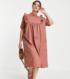 Платье-рубашка с короткими рукавами и оборками припудренно-розового цвета Lola May Plus-Розовый цвет