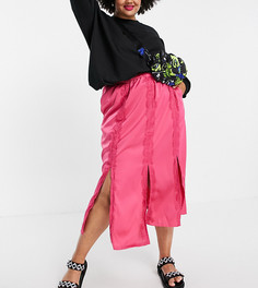 Ярко-розовая юбка миди с разрезами спереди и отделкой кружевом Lola May Plus-Розовый цвет