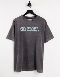 Oversized-футболка из органического хлопка с графическим принтом "Go Slow" Damson Madder-Черный цвет