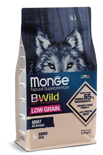 Корм Monge Dog BWild Low Grain низкозерновой для взрослых собак всех пород из мяса гуся, 2,5кг