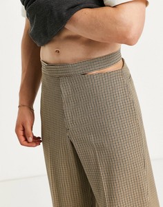 Классические широкие брюки с завышенной талией и вырезом в мелкую коричневую клетку ASOS DESIGN-Коричневый цвет
