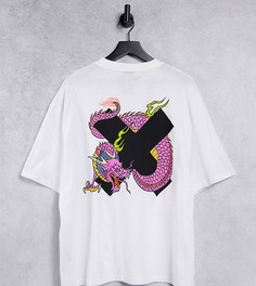 Белая oversized-футболка из смесового переработанного материала с принтом дракона и буквы "Х" COLLUSION Unisex-Белый
