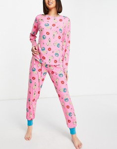 Розовый длинный пижамный комплект с принтом собак Chelsea Peers-Розовый цвет