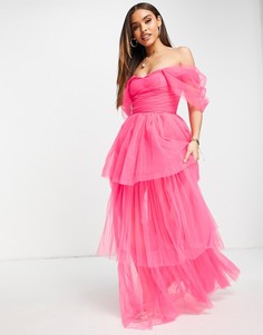 Эксклюзивное ярко-розовое платье макси из тюля с открытыми плечами Lace & Beads-Розовый цвет