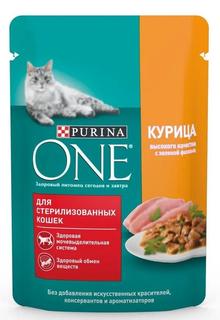 Влажный корм Purina ONE для стерилизованных кошек и кастрированных котов, с курицей и фасолью, 75гр