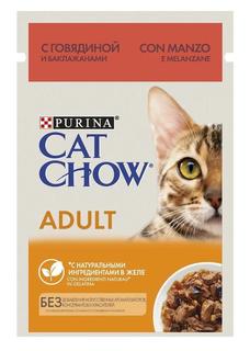 Влажный корм Cat Chow для взрослых кошек, с говядиной и баклажанами в желе, 85гр