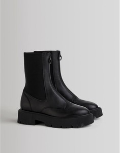 Черные высокие ботинки на толстой подошве с молнией спереди Bershka-Черный цвет