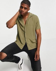 Рубашка из вискозы цвета хаки с глубоким V-образным вырезом Topman-Зеленый цвет