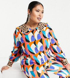 Блузка с контрастным воротником и абстрактным леопардовым принтом от комплекта Never Fully Dressed Plus-Черный