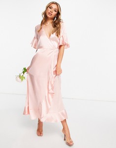 Розовое атласное платье макси с оборками AX Paris-Розовый цвет