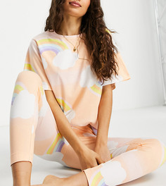 Пижамный комплект из леггинсов и oversized-футболки персикового цвета с принтом облаков и радуги с эффектом омбре ASOS DESIGN Petite-Оранжевый цвет