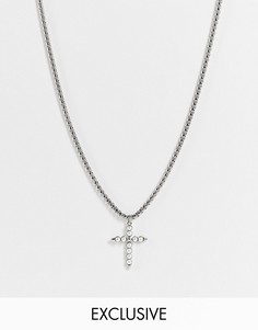 Серебристое массивное ожерелье-цепочка в стиле унисекс с подвеской в виде креста с искусственным жемчугом Reclaimed Vintage Inspired-Серебристый