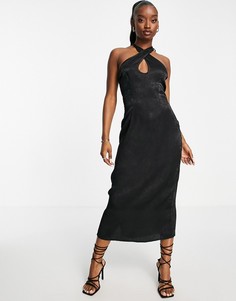 Черное атласное платье-комбинация миди с перекрестными завязками через шею Public Desire-Черный цвет