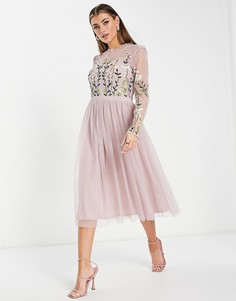 Платье миди светло-лилового цвета с декоративной отделкой на лифе и юбкой в складку Frock and Frill Bridesmaid-Фиолетовый цвет