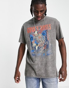 Серая выбеленная oversized-футболка с принтом "Guns N Roses" Topman-Серый
