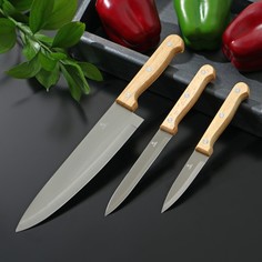 Ножи кухонные wооd, набор 3 шт, лезвие: 9,5 см, 13,4 см, 16,9 см, ручка деревянная Доляна