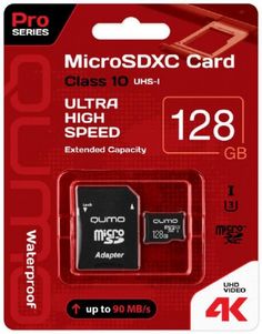 Карта памяти MicroSDXC 128GB Qumo QM128GMICSDXC10U3 Class 10 UHS-I, SD adapter