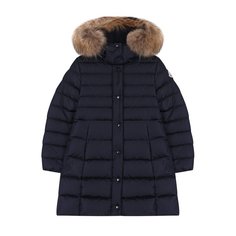 Пуховое пальто на молнии с капюшоном и меховой отделкой Moncler Enfant