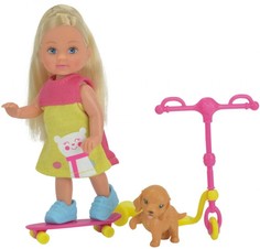 Куклы и одежда для кукол Simba Кукла Еви на скутере + скейт и собачка