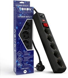 Сетевой фильтр TOKOV ELECTRIC TKE-C05-SF5-5-ZV 5х5м с заземл. с выкл. 16А с защ. от скачков напр. и перегрузок 3х1 черн