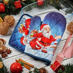 Набор кухонный 2 шт, 26х18 + 18х18см (варежка, прихватка), 100% хлопок, С новым годом Дед Мороз с подарками, синий, AI-1504030