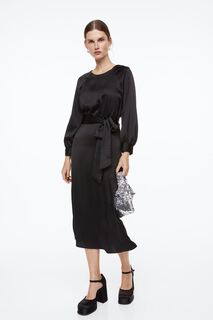 Атласное платье с завязывающимся поясом H&amp;M, черный H&M