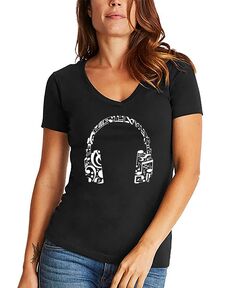 Женская футболка word art music note с наушниками и v-образным вырезом LA Pop Art, черный