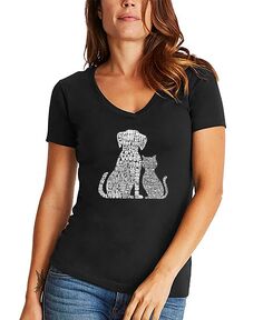 Женская футболка с v-образным вырезом word art dogs and cats LA Pop Art, черный