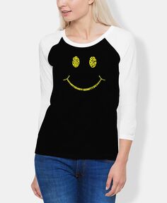 Женская футболка реглан be happy smiley face word art LA Pop Art, черно-белый