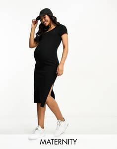 Черное платье-футболка миди в рубчик Cotton:On Maternity