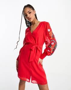 Красное платье мини с запахом и вышивкой с длинными рукавами Hope &amp; Ivy