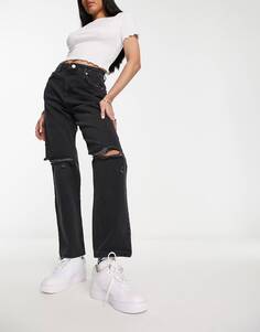Черные свободные джинсы с высокой посадкой и прорехами Miss Selfridge