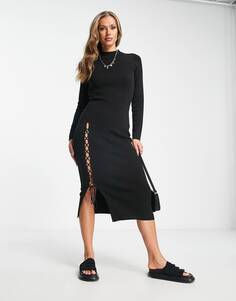 Черное трикотажное платье миди со шнуровкой ASOS DESIGN