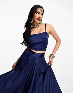 Укороченный топ Kanya London Bridesmaid Lehenga Spaghetti Strap, темно-синий