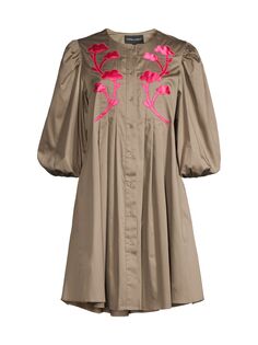 Хлопковое мини-платье с защипами и цветочным принтом Cynthia Rowley, хаки